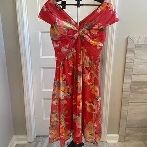 Floral Print Midi Dress With Twist Neckline In Coral Multi by Adrianna Papell